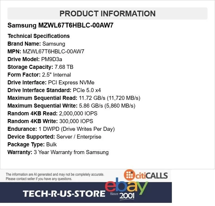 SSD-накопитель Samsung PM9D3a 7.68TB U.2 SSD NVMe PCIe Gen 5.0 MZWL67T6HBLC-00AW — фото лота 1