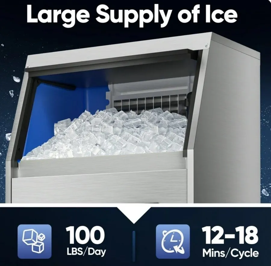 Льдогенератор Commercial Ice Maker 100lb/24h 33lb Bin, Fast 15min Cycle, LED, Se