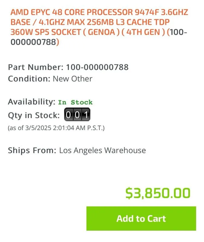 Процессор AMD EPYC Genoa 9474f CPU processor 3.6GHz 48 core 96 thread SP5 320-40 — фото лота 2