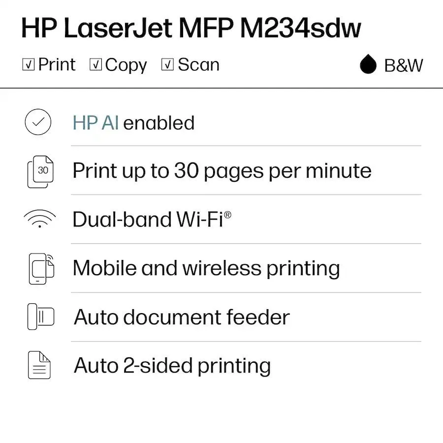 Лазерный принтер HP LaserJet M234sdw Wireless Black & White All-in-One Laser Pri — фото лота 2