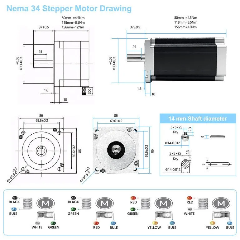 Электродвигатель Nema34 Stepper Motor 86mm CNC 14mm shaft 4.5/8.5/12Nm Driver Ki — фото лота 2