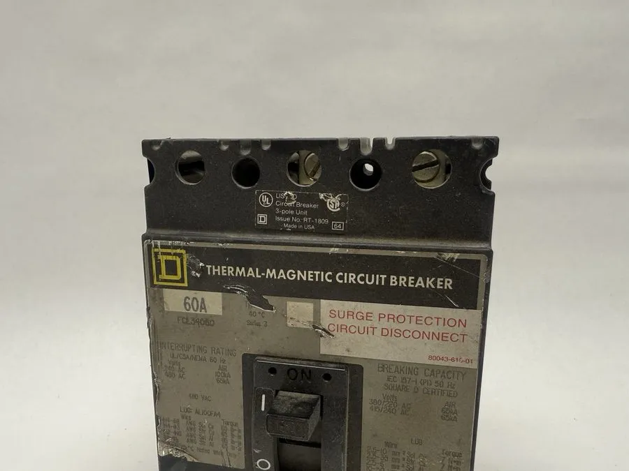 Автоматический выключатель Square D Circuit Breaker FCL34060 60 Amp 3 Pole 480V  — фото лота 1