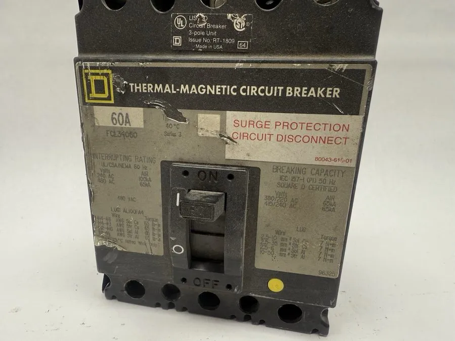 Автоматический выключатель Square D Circuit Breaker FCL34060 60 Amp 3 Pole 480V  — фото лота 2
