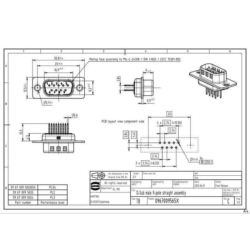 Разъём HARTING Male Connector 09670095654 9-pin