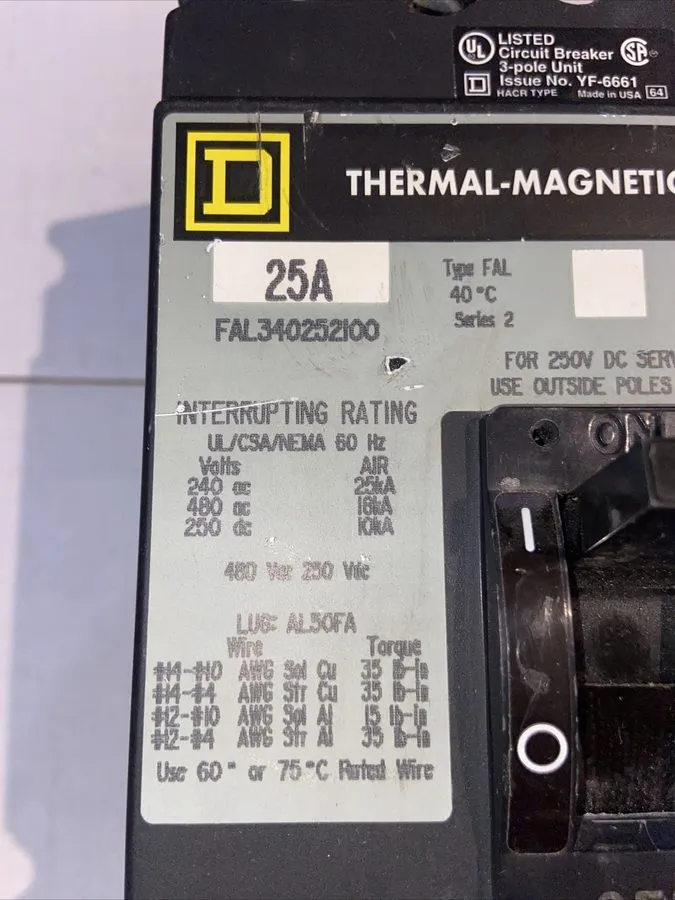 Автоматический выключатель Square D FAL340252100 3 Pole 25 amp 480V Thermal Magn — фото лота 1