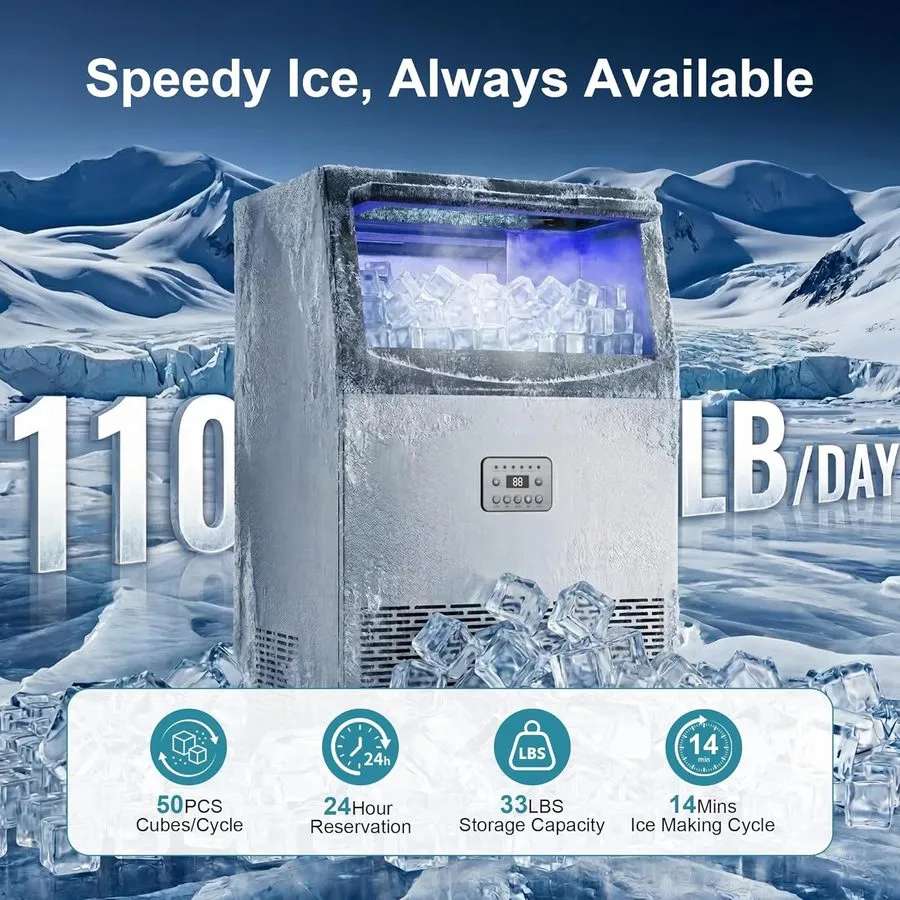 Льдогенератор 110lbs/24h Commercial Built-in Ice Maker Machine Display Ice Cube