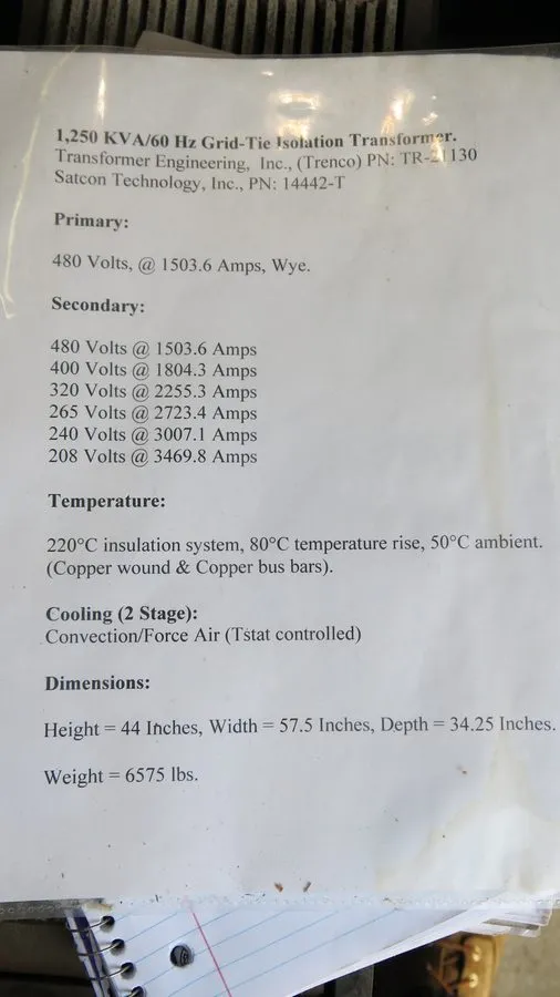 Трансформатор TRENCO TR-21130 1250KVA Isolation Transformer 480X208-480 Volt -T1 — фото лота 2