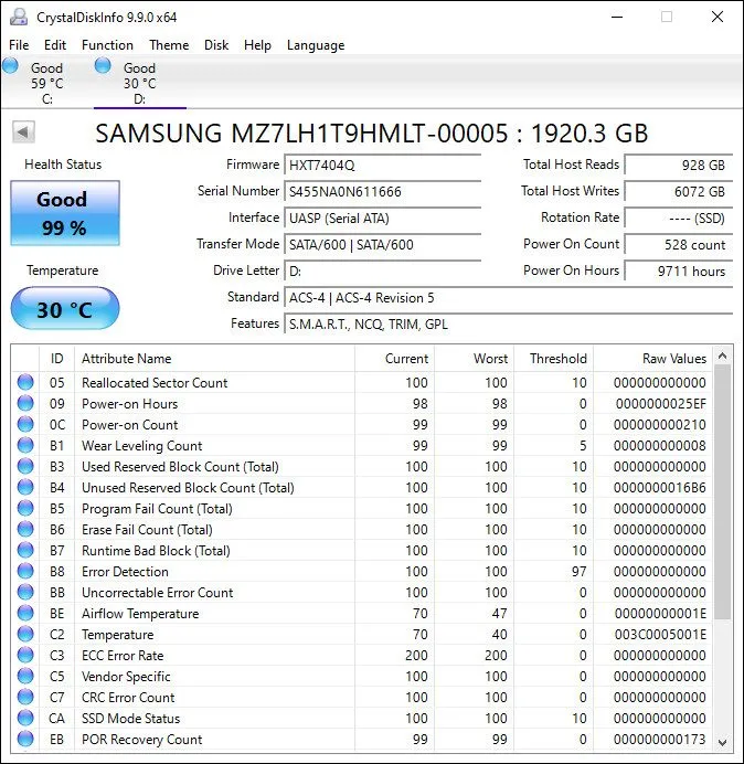 Samsung PM883 1.92TB 2.5" SATA Enterprise SSD 99% Health / Excellent Condition