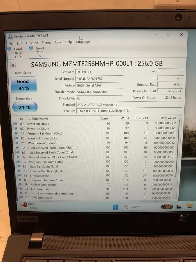 Samsung PM851 256GB mSATA SSD w/ 2.5” SATA Adapter 94% Health
