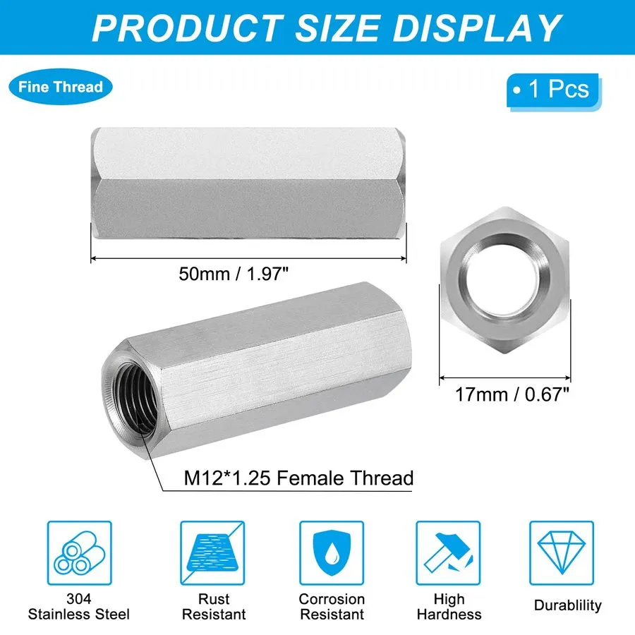 Датчик M12 x 1.25-Pitch 50mm Length 304 Stainless Steel Hex Coupling Nut Connect