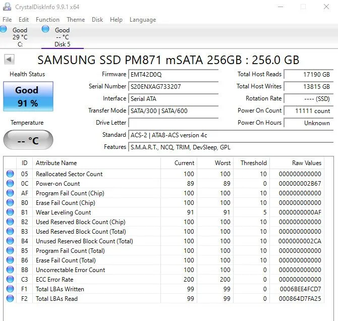 SSD-накопитель SAMSUNG PM871 256GB mSATA SSD MZ-MLN256D, Grade A+, SKU 11038