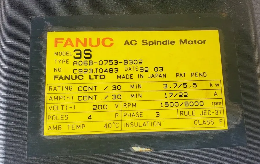 Шпиндель Fanuc Spindle Motor, A06B-0753-B302, 3.7/5.5 kW, low hour