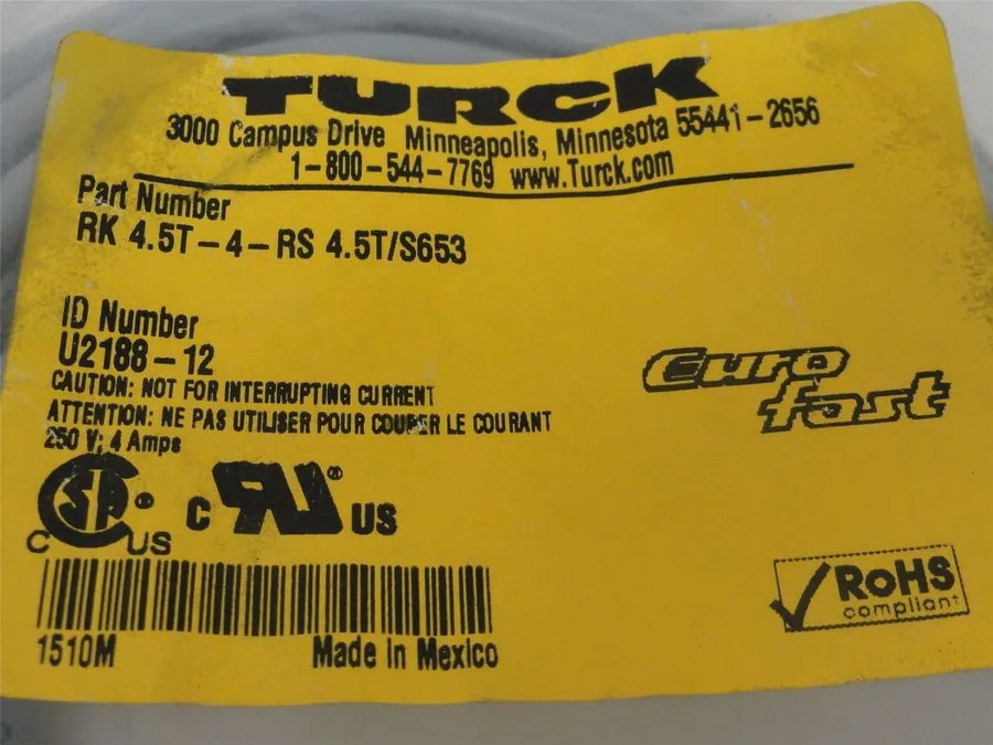 Соединительный кабель 225556 New- Turck U2188-12 Cordset; 4M Length; 4A; 250V; M