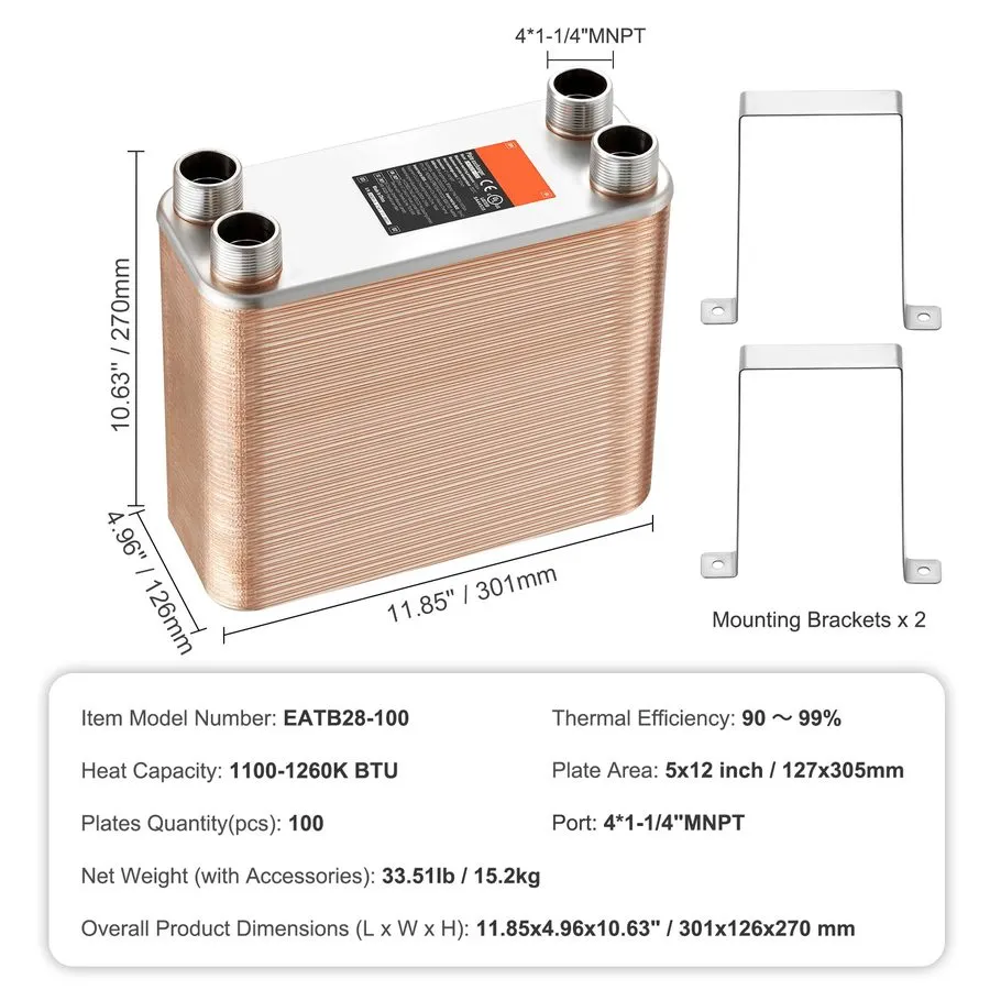Климатическое оборудование Uimoso 30-100Plate Heat Exchanger 4 1-1/4" MNPT Ports — фото лота 1