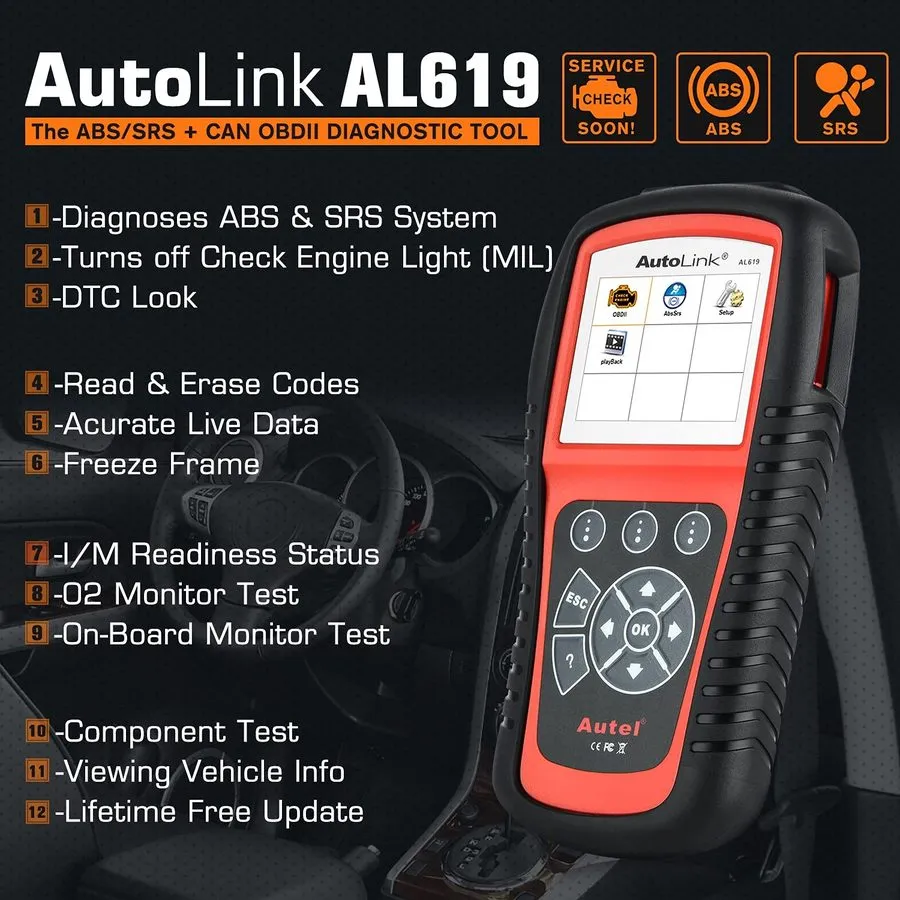 Диагностический сканер Autel AutoLink AL619 OBD2 Scanner, 2026 ABS SRS Warning L