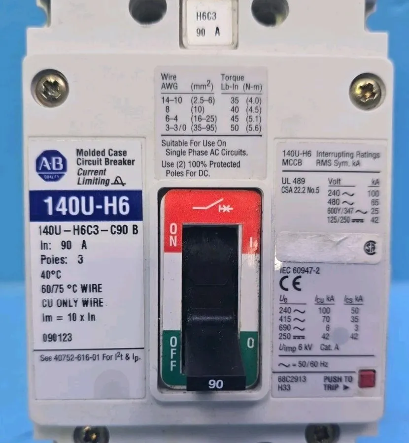 Автоматический выключатель Allen Bradley 140U-H6C3-C90 B 90A 480V 3Pole Circuit  — фото лота 1
