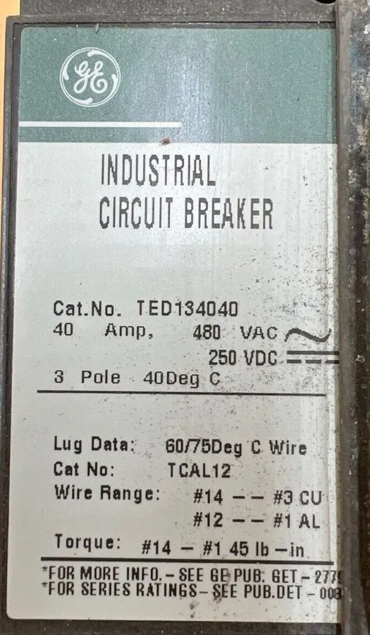 Автоматический выключатель GE Enclosed Circuit Breaker TED134040 40A 480V 3P 3R 