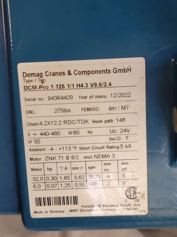 Таль Terex Demag DC-Com 1 125 1/1 H5 V9.6/2.4 275 lbs Max Electric Chain Hoist