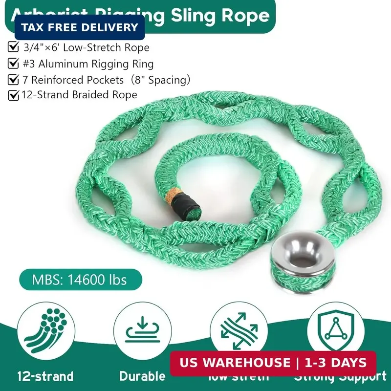 Строп Rigging Ring Sling Rope, Arborist Rope 3/4"×6' w/ 14600 lbs 7-Pocket Adjus
