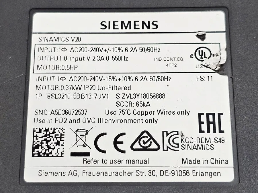 Частотный преобразователь SIEMENS SINAMICS V20 6SL3210-5BB13-7UV1 Variable Frequ