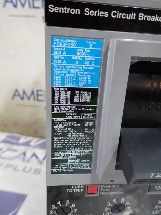 Автоматический выключатель SIEMENS FD63F250 SENTRON SERIES B 250 AMP CIRCUIT BRE