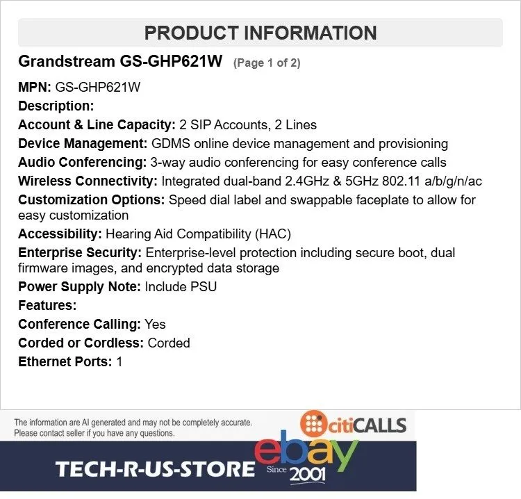 IP-телефон Grandstream GS-GHP621W Desktop IP Hotel Phone Built-in Wi-Fi 2 Lines 