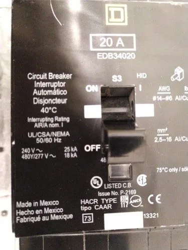 Автоматический выключатель SQUARE D EDB34020, 3P, 20A, 480V, BOLT-ON CIRCUIT BRE
