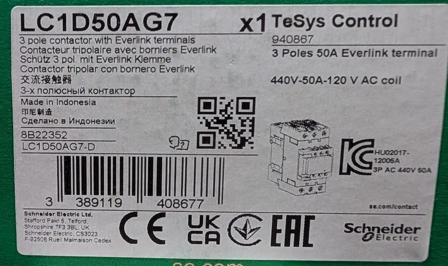 Контактор SCHNEIDER ELECTRIC LC1D50AG7 Contactor, TeSys Deca, 3P, 50A, 120V AC