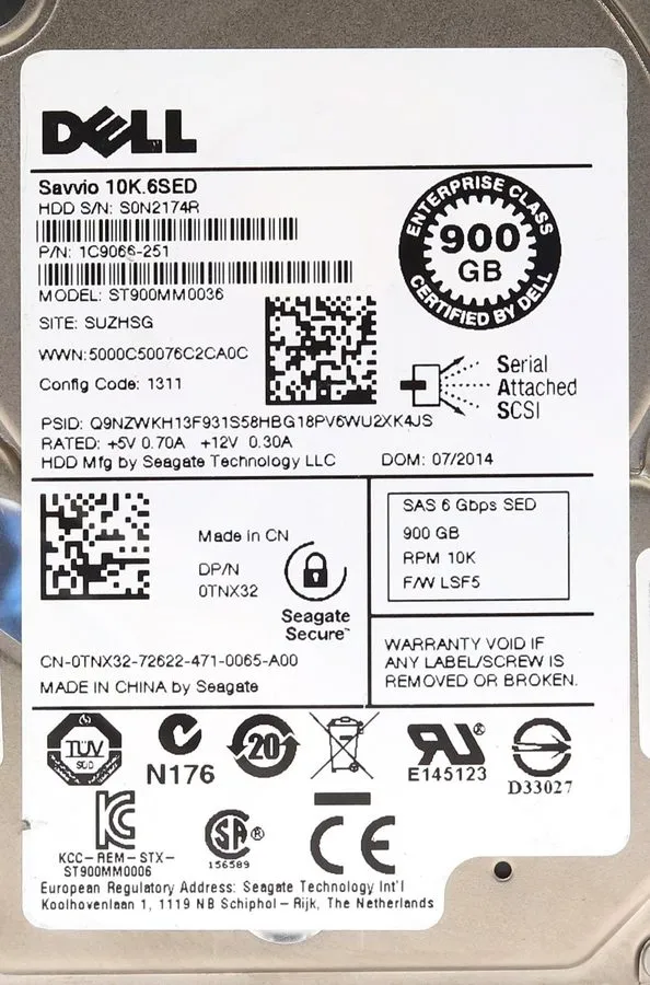Сервер Dell TNX32 ST900MM0036 900GB 10K SAS 6G 2.5" SFF HDD Server Hard Drive