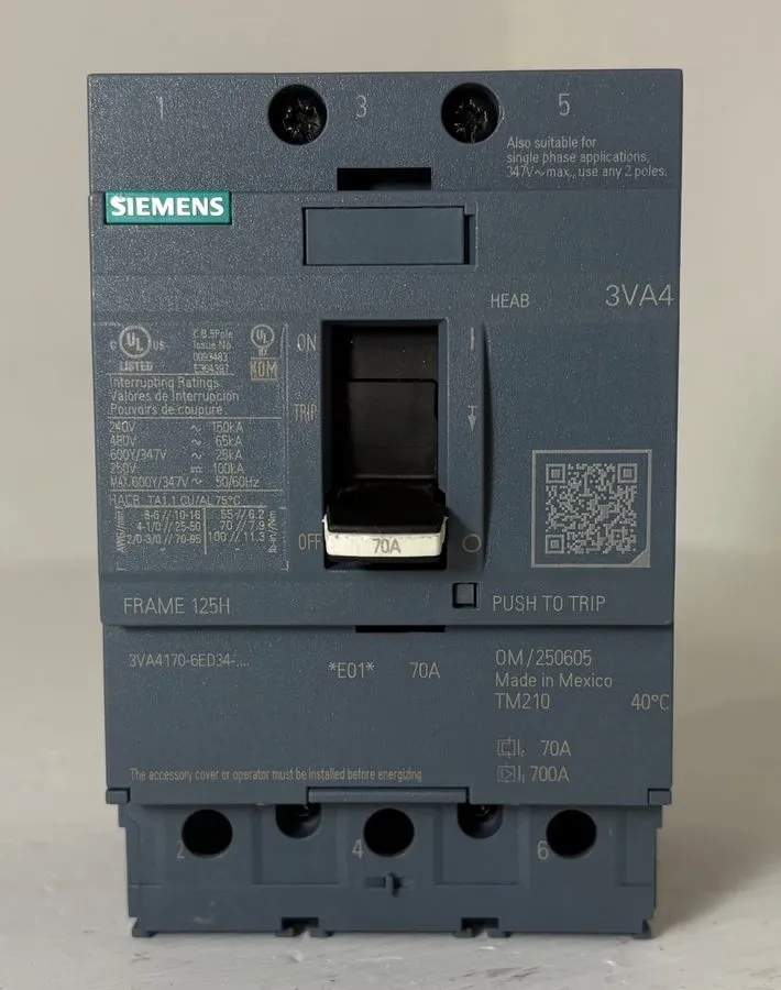 Автоматический выключатель 3VA4170-6ED34-0AA0 SIEMENS 3 POLE 70A 480V 65kA CIRCU