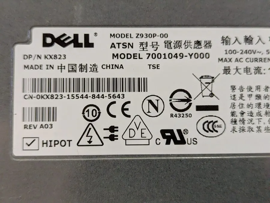 Блок питания DELL POWEREDGE SERVER 2900 930 WATT POWER SUPPLY 0KX823, Z930P-00