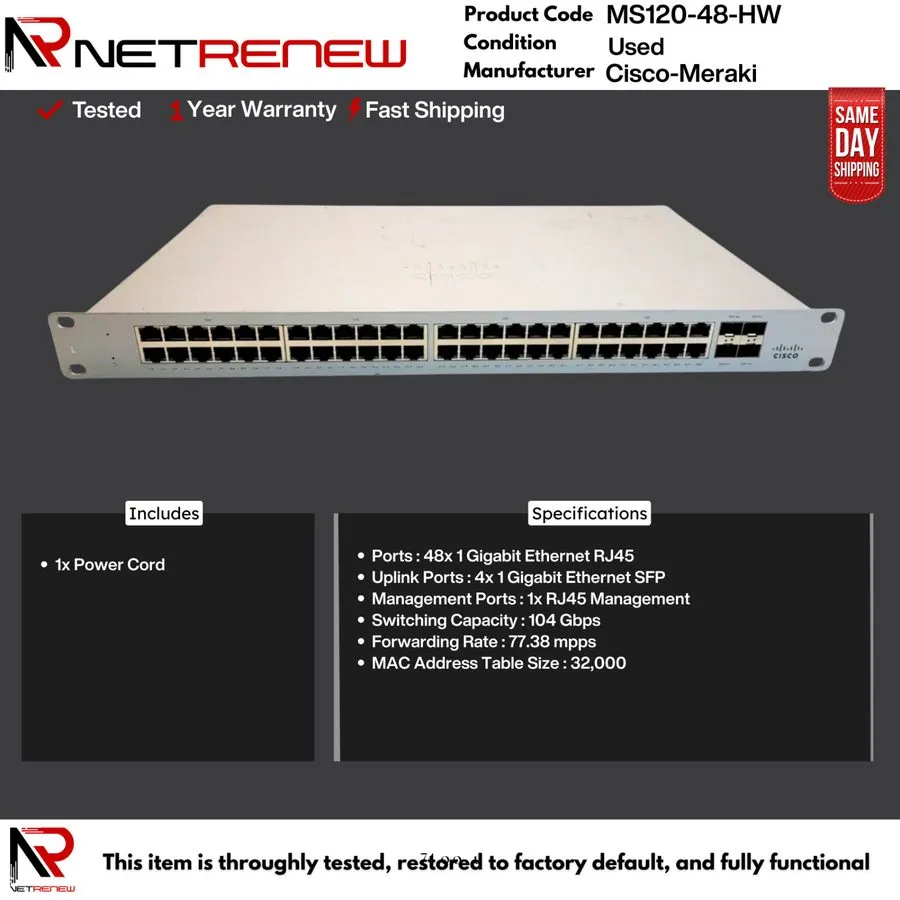 Коммутатор Unclaimed Cisco Meraki MS120-48-HW 48-Port Managed Ethernet Switch NO