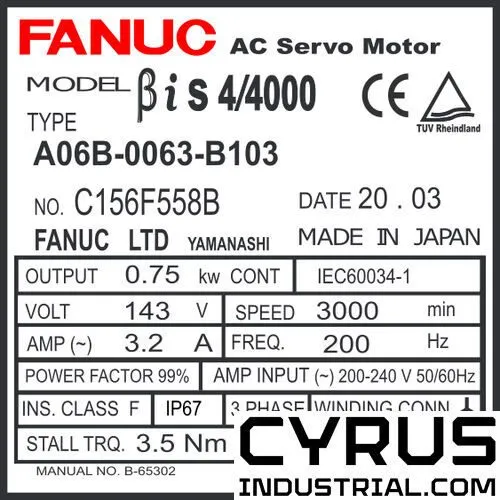 Серводвигатель FANUC / A06B-0063-B103 / AC SERVO MOTOR, 0.75KW