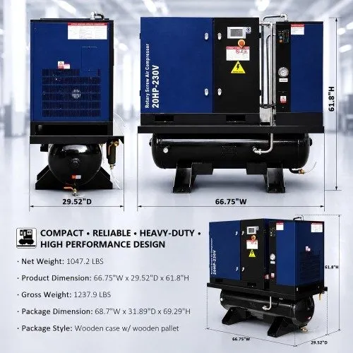 Компрессор 20HP 74CFM 4in1 Rotary Screw Compressor with Dryer 68.7Gal Tank–125PS — фото лота 1