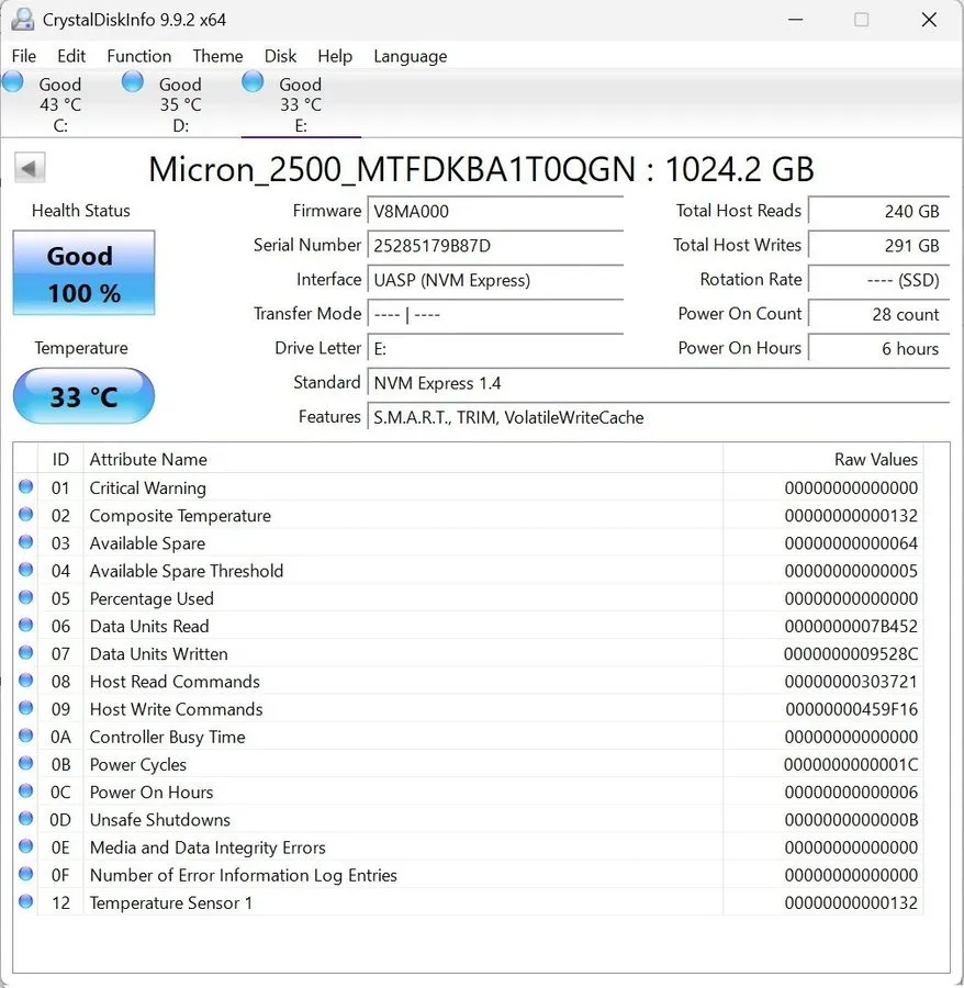 SSD-накопитель Micron 2500 1TB M.2 NVMe PCIe Gen4 x4 Internal SSD MTFDKBA1T0QGN