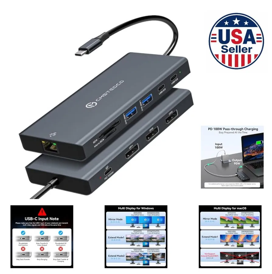 Док-станция USB C Docking Station 12 in 1 Triple Monitor 100W PD 4K60Hz DisplayP