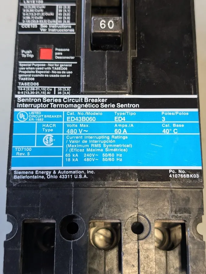 Автоматический выключатель Siemens ED43B060 Sentron Series Circuit Breaker 60A 3