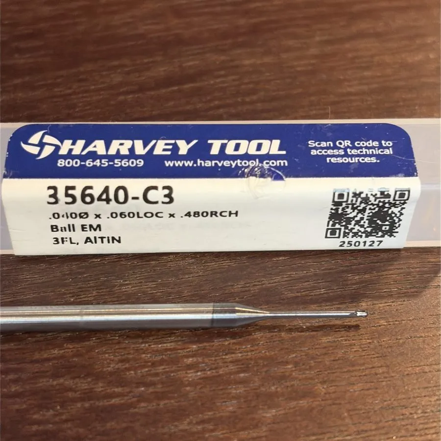 Режущий инструмент Harvey Tool HTC 35640-C3 .040” Ball End Mill 3 Flute Carbide  — фото лота 1