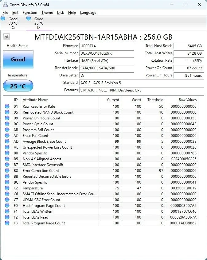 Жёсткий диск HP 795961-001 Micron MTFDDAK256TBN 1100 256GB SATA Disque Dur 2.5 i