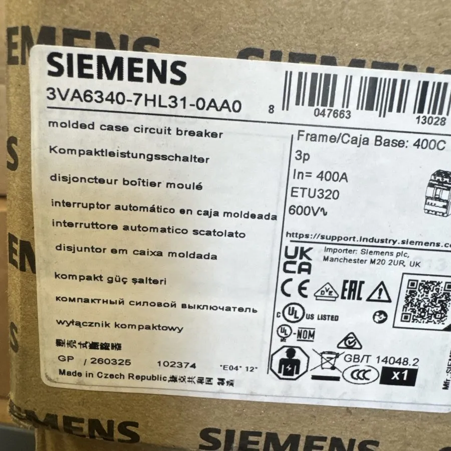 Автоматический выключатель 3VA6340-7HL31-0AA0 Siemens 400A 600V 3-Pole 3VA6 Mold