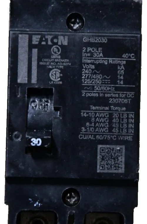 Автоматический выключатель Westinghouse GHB2030 2 Pole 30 Amp 277/480V Bolt on C