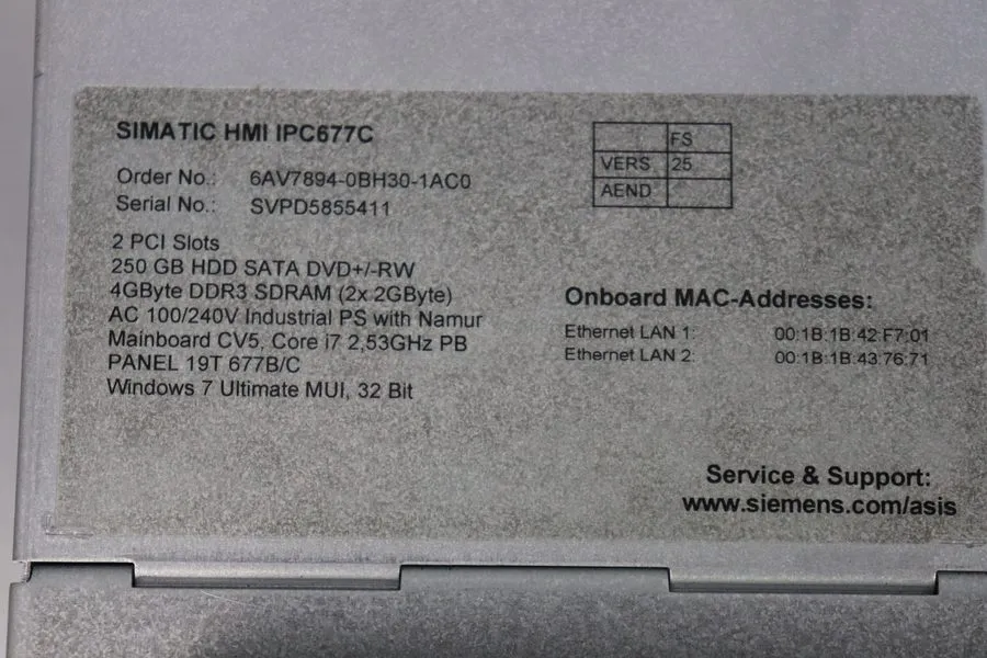 Промышленный компьютер Siemens HMI IPC677C Panel 6AV7894-0BH30-1AC0 A5E02713398 