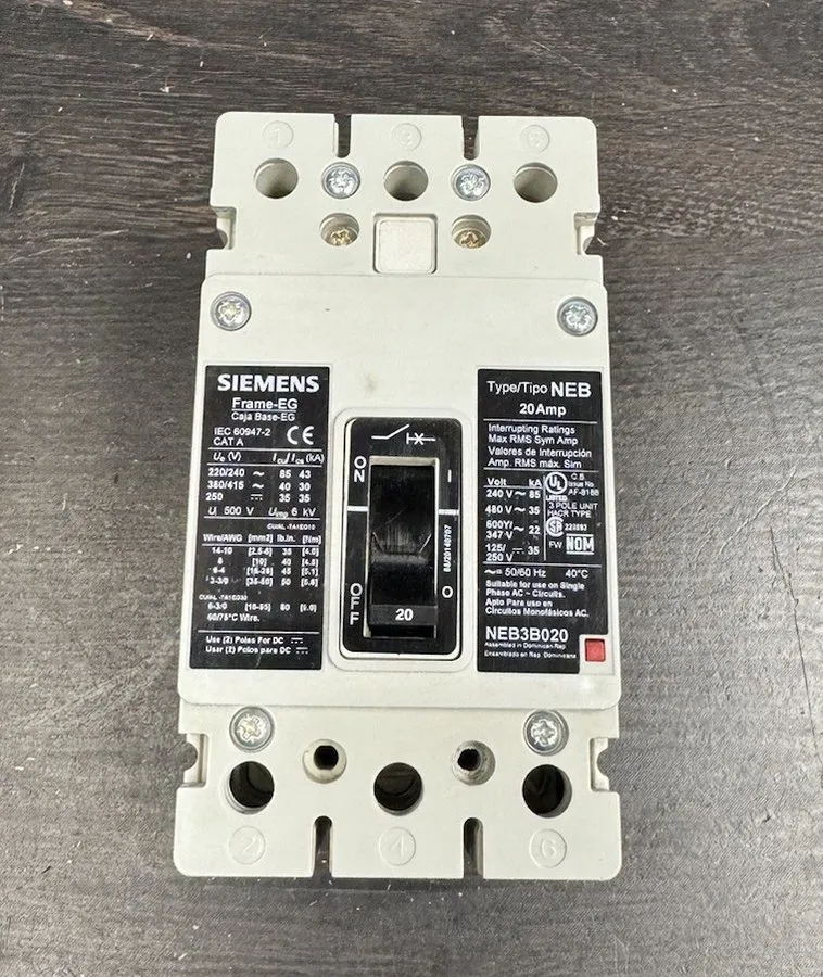 Автоматический выключатель NEB3B020 Siemens 20 Amp 600V 3 Pole Bolt On Circuit B
