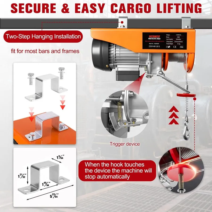 Таль YATOINTO 440Lbs Electric Hoist 510W Zinc-Plated Wire 39.4ft Lifting Height — фото лота 2