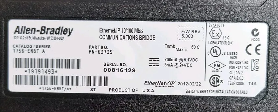 Коммуникационный модуль Allen-Bradley 1756-ENBT/A EtherNet/IP Communication Brid — фото лота 2