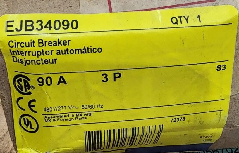 Автоматический выключатель Square D EJB34090 3 Pole 90 amp 480v Circuit breaker 