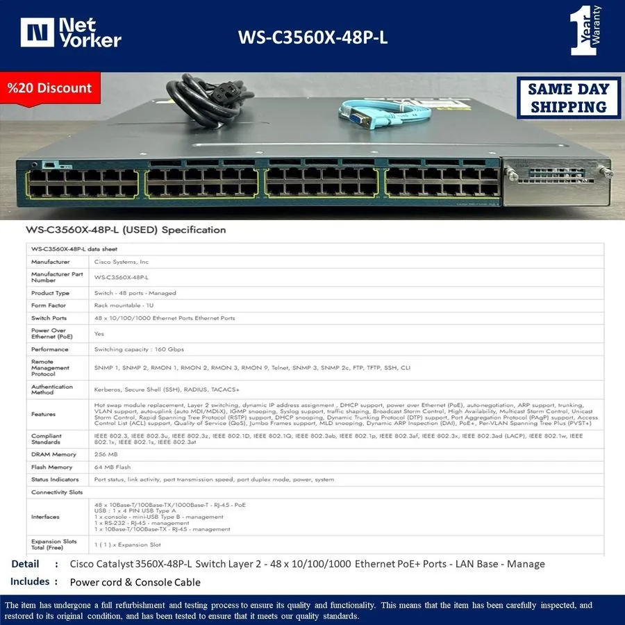 Коммутатор Cisco WS-C3560X-48P-L Standalone 48 Port PoE+, with Dual AC 715W and 
