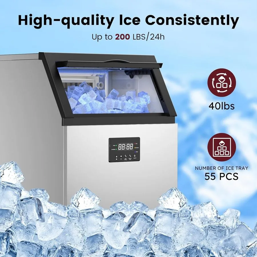 Льдогенератор Commercial Ice Maker Machine 200lbs/Day Ice Cube Machine 40lbs Sto