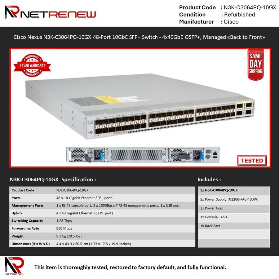 Коммутатор Cisco Nexus 3064-X N3K-C3064PQ-10GX 48-Port 10GbE SFP+ Switch Double 