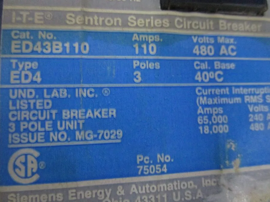 Автоматический выключатель ITE/SIEMENS SENTRON SERIES CIRCUIT BREAKER ED43B110 1